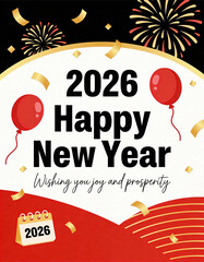 Happy New Year 2026 3D foil balloons, shiny metallic texture, festive decoration, colorful party concept, floating numbers, high-quality celebration render, joyful atmosphere