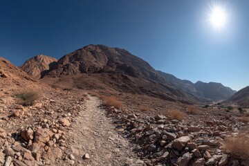 Rocky Mountain Landscape Under a Bright Sun Featuring Varied Terrain and Desert Vegetation in an Arid Climate Under a Clear Blue Sky With Warm Lighting