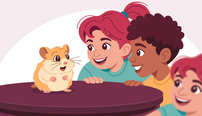 Fototapeta premium Two children are cheerfully looking at a cute hamster perched on a table, illustrating friendship, curiosity, and joy in childhood moments while enjoying the companionship of pets.