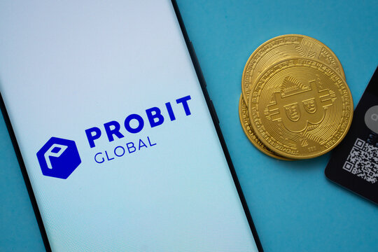 Dhaka, Bangladesh- 26 Aug 2025: Smartphone displaying ProBit Global logo surrounded by Bitcoin coins and payment cards.