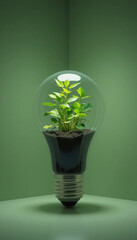 Small green plant grows inside light bulb filled with soil, symbolizing eco friendly innovation and sustainability. background is matching green, enhancing theme of nature and energy conservation