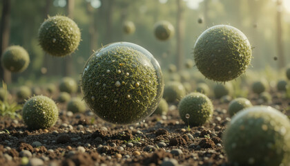 Floating spheres covered in moss hover above forest floor, creating surreal and magical atmosphere. Sunlight filters through trees, casting soft shadows and enhancing ethereal scene