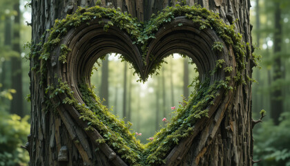 Heart shaped carving tree trunk is adorned with lush green moss and small pink flowers, creating serene and romantic atmosphere dense forest. Sunlight filters through trees, enhancing natural