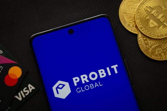 Dhaka, Bangladesh- 26 Aug 2025: Smartphone displaying ProBit Global logo surrounded by Bitcoin coins and payment cards.