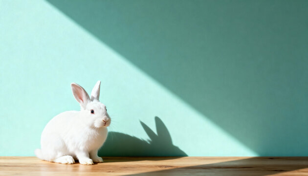 A small white rabbit sitting on a wooden surface against a teal background. Minimalist easter bunny concept with sunlight and shadow and copy space for text