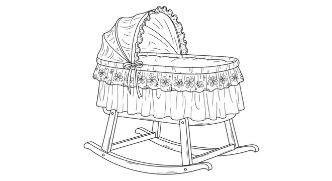 Detailed black and white line art illustration of a classic rocking baby cradle with a large canopy and decorative frills.