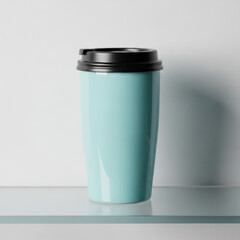 Obraz premium Tall teal reusable coffee cup with black lid on a light shelf teal coffee cup reusable cup