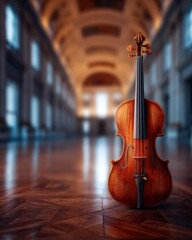 Fototapeta premium A beautifully crafted violin stands prominently on a polished wooden floor in a grand, softly lit hall.