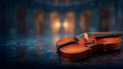 A close-up of a beautifully crafted violin on a reflective surface, with a blurred, elegant backdrop creating a serene atmosphere.