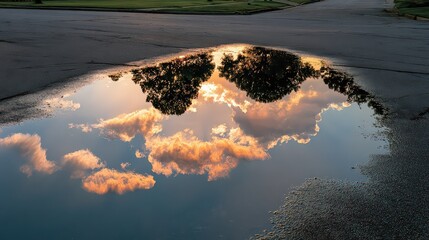 Sky Reflection in Puddle at Sunset on Asphalt Road with Trees in Background in Golden Hour