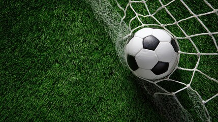 Soccer Ball in Goal Net on Green Artificial Turf Field with Water Drops Celebration Victory Success Teamwork Fair Play Concept