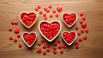 Fototapeta premium A charming arrangement of heart-shaped bowls filled with red candies on a wooden table