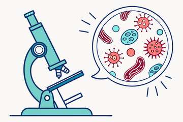 Vector flat illustration of microorganisms viewed under a microscope. Ideal for biology, science education, and microbiology-related projects.