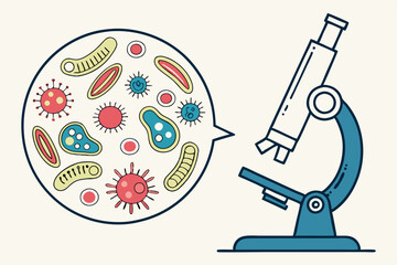 Microorganisms under microscope concept. Vector flat cartoon graphic design illustration