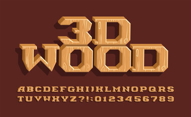 3D Wood alphabet font. Cartoon letters, numbers and symbols. Stock vector typeface for your design.