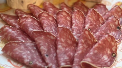 Thinly sliced salami layered neatly on a plate highlighting cured meat texture rich color and savory gourmet food presentation
