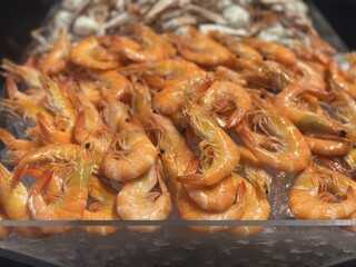 Fresh whole shrimp resting on crushed ice with shiny shells highlighting chilled seafood freshness and market display
