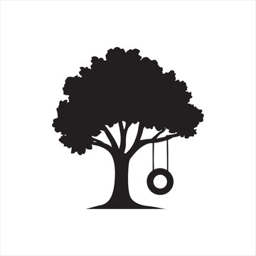Tree with swing silhouette nature childhood vector illustration