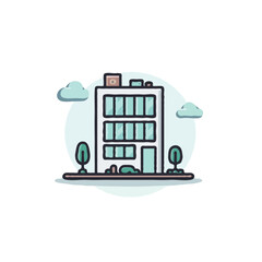 Fototapeta premium Stylized depiction of a simple building facade with minimalist landscaping and a whimsical sky