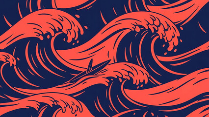 Naklejka premium ocean waves pattern with surfboard a dynamic summer surf illustration for seamless textile designs digital backgrounds and branding.