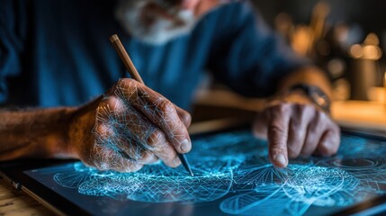 Obraz premium Close-up of elderly person's hand drawing on a glowing tablet with stylus, digital art
