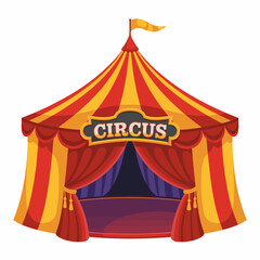 A vividly designed circus tent with bright red and yellow stripes stands tall, enticing visitors with its playful charm and promising a world of excitement and entertainment inside. © Yangyang