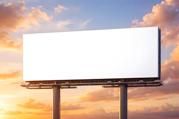 Obraz premium wide blank white billboard or large display and clouds against sunset warm sky. Consumerism, mockup, advertising, isolated white screen, background, template, copyspace concept