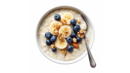 Creamy oatmeal topped with vibrant blueberries, sliced bananas, and a mix of healthy nuts.