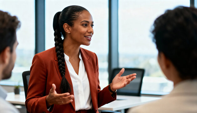 Confident Black businesswoman speaking during a corporate meeting. Female leader explaining a project to colleagues in a modern office.
