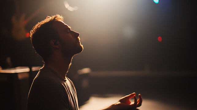 Man in profile with head tilted back meditates under a spotlight. A blurry guitar stands by the side. He radiates mindfulness as the lights shine on him.