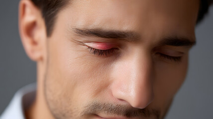 Obraz premium Eye Inflammation: The close-up shot of a man's eye reveals a red, inflamed stye on the upper eyelid, emphasizing the condition in a sterile environment.