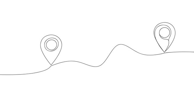 Continuous one line art vector illustration of two map pins connected by a wavy line on a white background