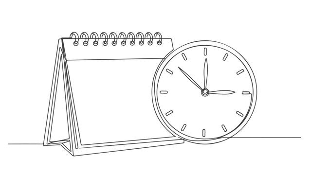 Continuous one line art vector illustration of a calendar and clock on a simple background
