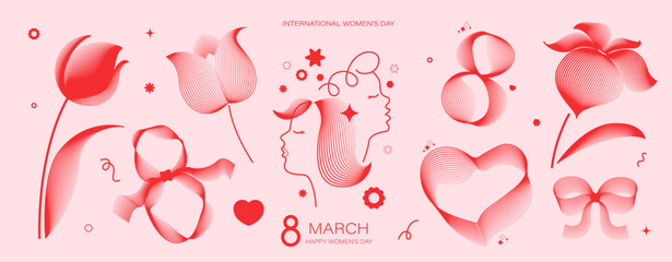 8 March design elements. Number 8, flowers, bow, women's faces. Line art style women's day concept.