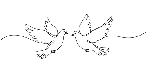 Obraz premium Continuous one line of a two doves flying together, symbolizing love, affection, care, and unity isolated on a white background, drawn vector illustration.
