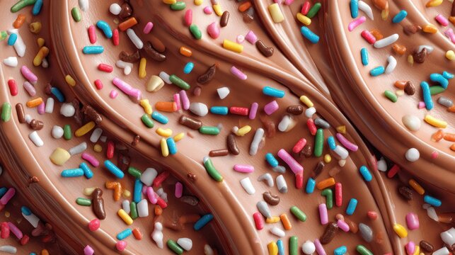 Close-up of rich chocolate frosting swirled and dotted with colorful sprinkles