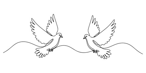 Fototapeta premium Continuous one line of a two doves flying together, symbolizing love, affection, care, and unity isolated on a white background, drawn vector illustration.
