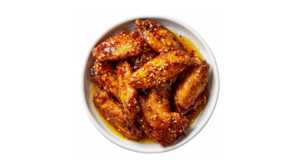 A white bowl filled with spicy glazed chicken wings topped with sesame seeds