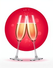 Two Elegant Champagne Flutes Toasting Against a Vibrant Red Circle Background.