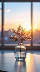 Vase with flowers on table at sunset.