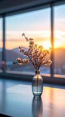 Vase with delicate blossoms on a table, bathed in the warm glow of a sunset through a large window, creating a serene and peaceful atmosphere.
