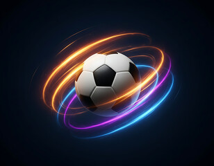 Obraz premium Soccer Ball realistic illustrations with Neon Light Trails on Dark Blue Background.