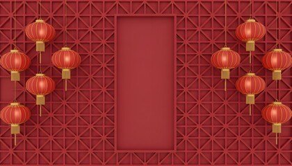 Central vertical niche with surrounding lanterns on geometric red wall for Chinese New Year display