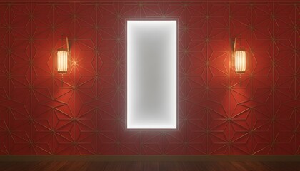 Vertical light panel with side lanterns on red Chinese wall creating dramatic Lunar New Year frame