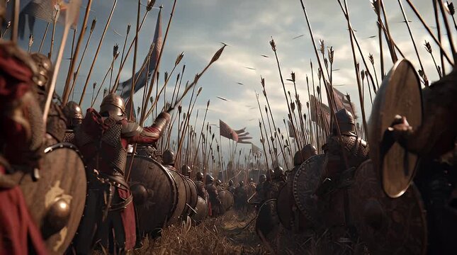 Epic battle scene with armored warriors charging into combat