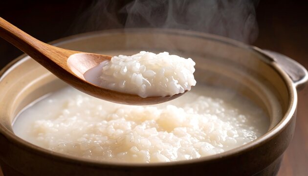 白粥をすくう木杓子が穏やかな食事の時間を静かに表現する
