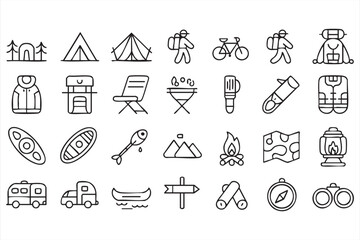 Fototapeta premium Camping Equipment and Nature Travel Line Icons for Creative Use