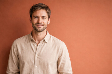 Fototapeta premium Horizontal portrait photo of a calm man wearing a beige shirt against a warm terracotta background, expressing grounded confidence, emotional stability, and balanced mindset for mental health 