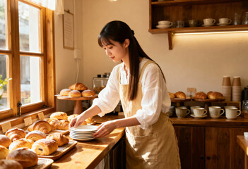Young asian woman working in a sunlit bakery. Female baker arranging fresh pastries and croissants on a wooden counter. Small business owner in a coffee shop