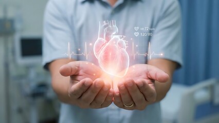Close-up of a person holding a glowing holographic heart in their hands with medical data overlay